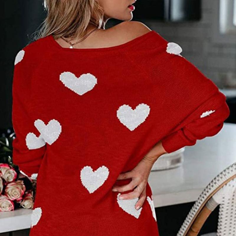 Ladies Autumn Winter Long Sleeve V Neck Pullover Love Heart Loose Knitted Sweater Knitwear Top