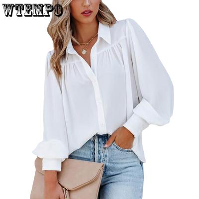 Plus Size S-3XL Women's Basic Blouse Solid Button Up Lantern Sleeve Turn Down Collar Blouse Shirt
