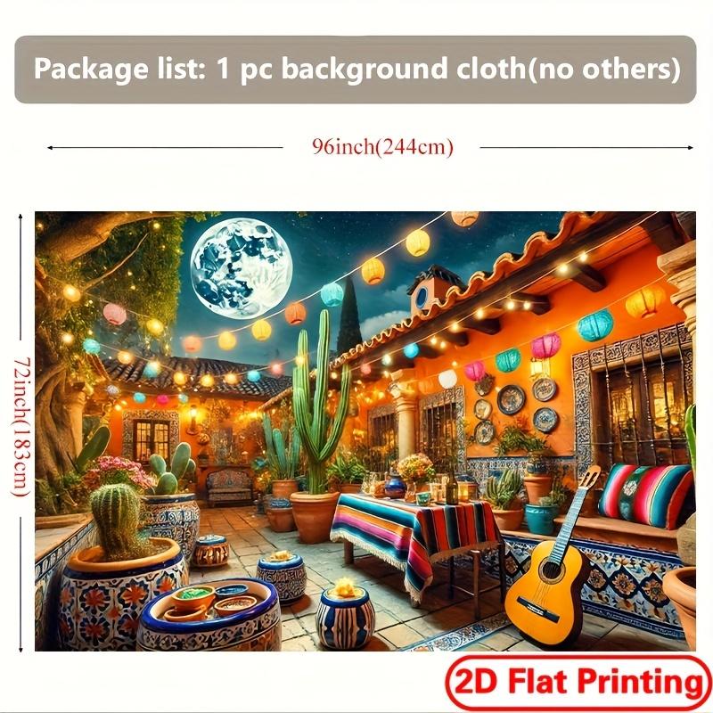 2D plane - Cultural celebration colorfully decorated Mexican courtyard scene background banner - polyester wall decoration
