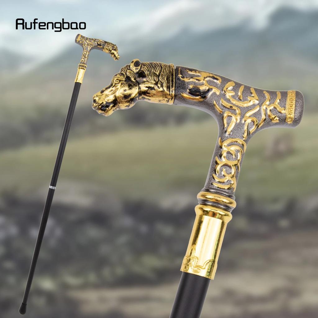 Goldener schwarzer Pferde-Luxus-Muster-Spazierstock Party-Mode Eleganter Spazierstock Dekorativer Cosplay-Spazierstock-Knauf-Kreuzstab 90cm