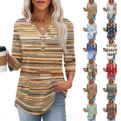 Womens 3/4 Sleeve V Neck Henley Geometric Print Pullover Casual Shirt Top Lightweight Comfortable Fit