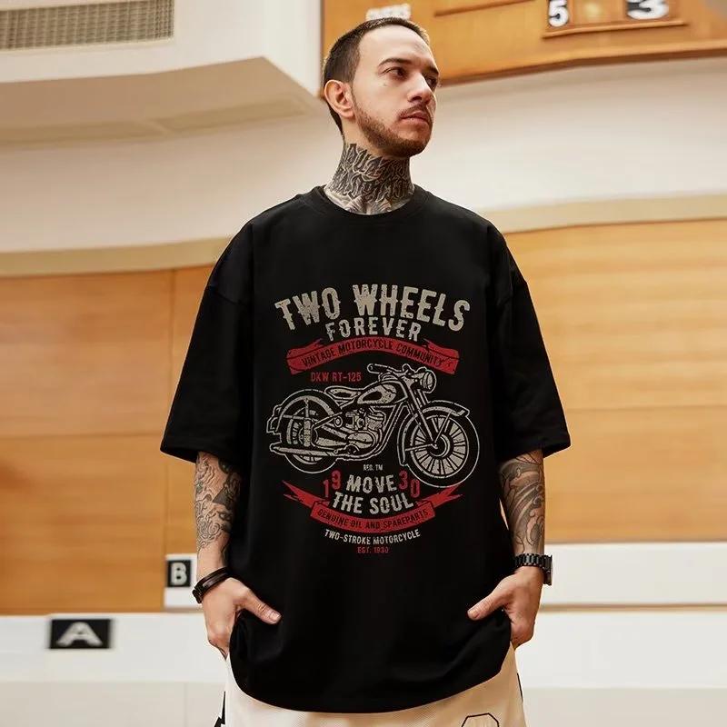 M-8XL Oversized Tshirts  Men's American Retro Motorcycle Short Sleeve T-shirt Large White Round Neck Top Retro Clothing