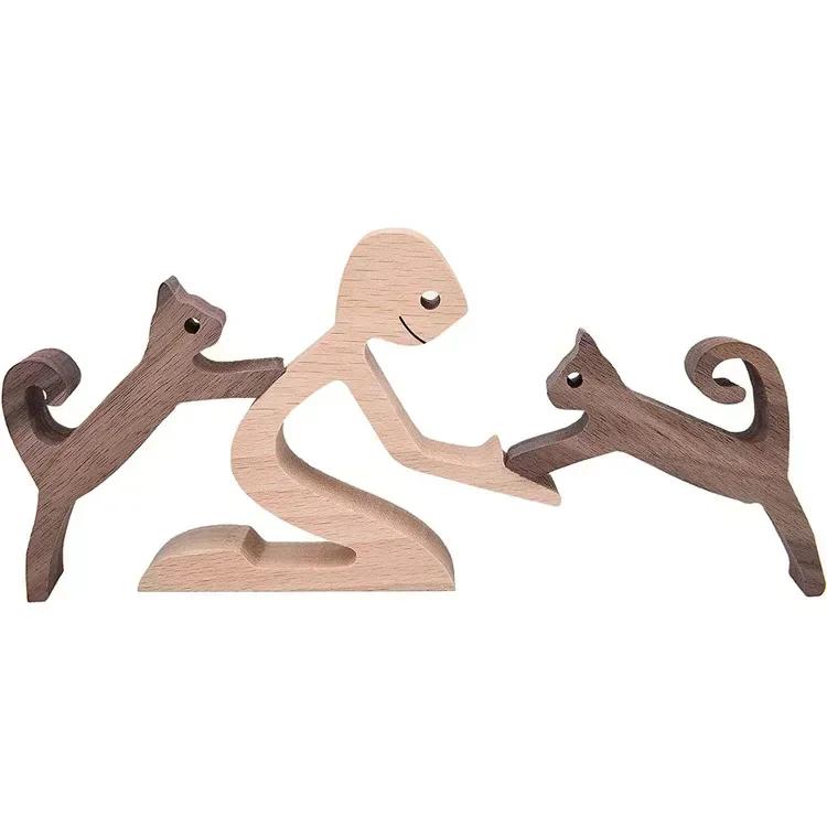 Cute Family Puppy Wood Dog Craft Ornament Figurine Natural Gift for Home Decoration Accessories Handmade Sculptures Decor