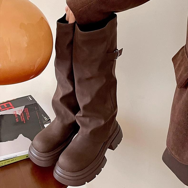 Popular retro Maillard heightened platform boots women's 2025 new summer but knee-thin knight boots