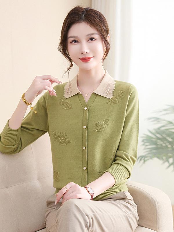 Autumn Stripe Knit Lapel Top for Middle-Aged and Elderly Women - New 2026 Style