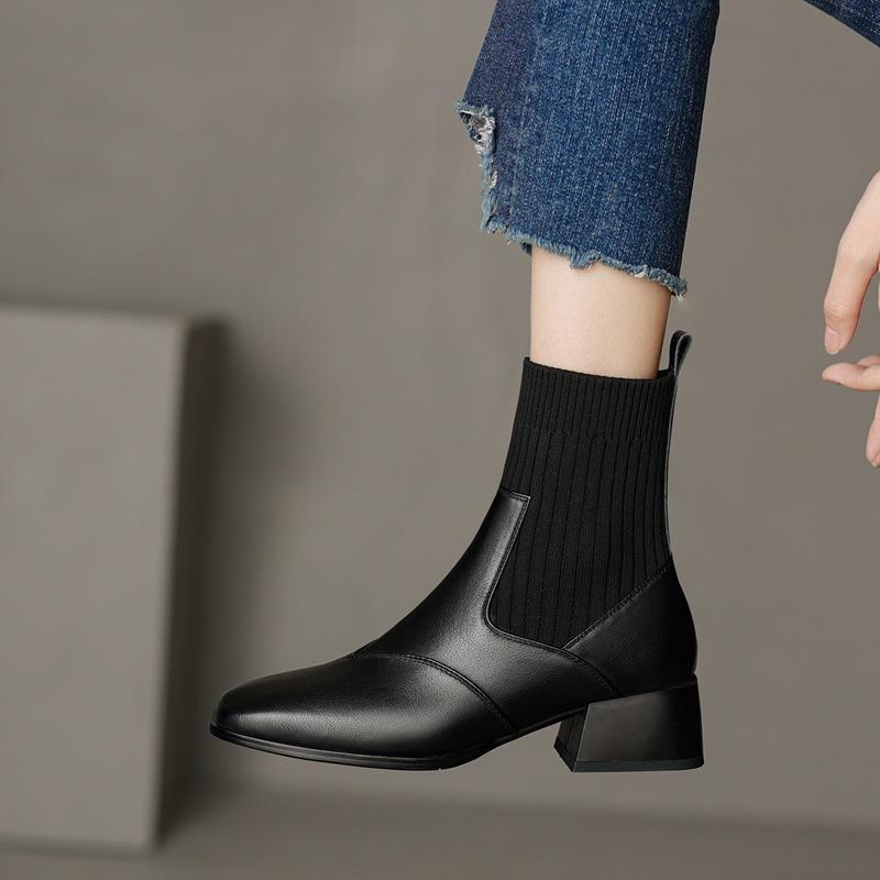 Knitted Sleeve Elastic Skinny Socks Boots Retro Square Head Thick Medium Heel Short Boots Women's Autumn, Winter and Naked Boots