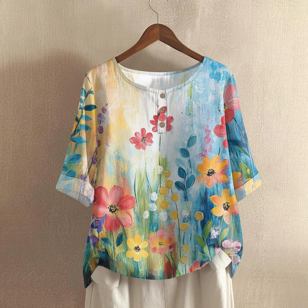 Women's Fashionable And Casual Shirt Half-sleeve Round Neck Print Cotton And Linen Blouse Top
