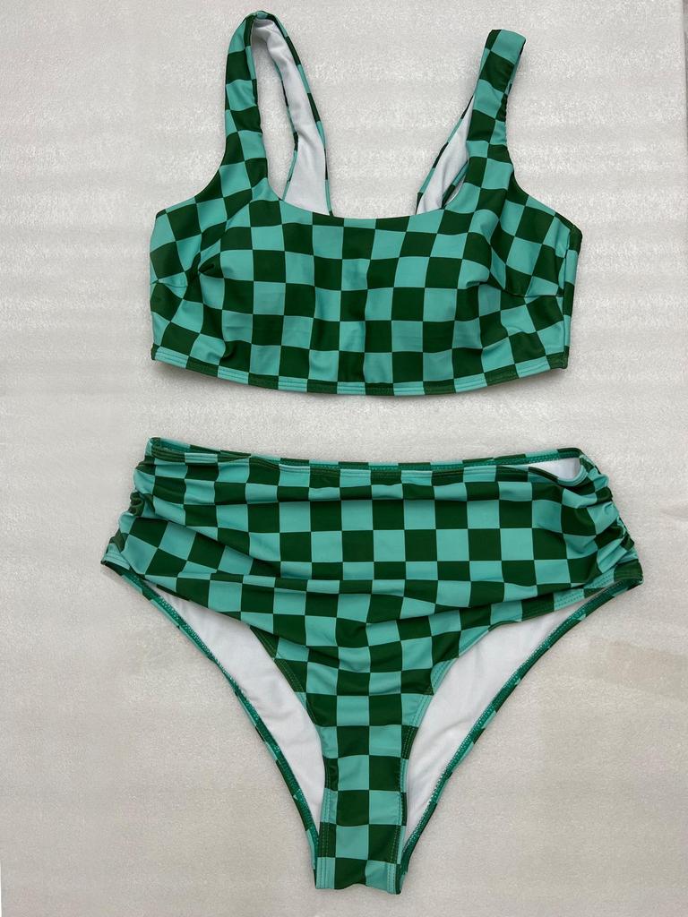 2026 Plaid Print High Waist Tummy Control Plus Size Bikini Swimsuit for Women