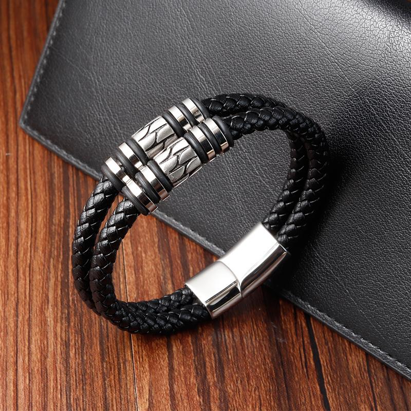 Modische 2-lagige Lederarmbänder mit Edelstahl-Magnet Trendiges mehrlagiges Armband Herren Schmuck Männliches Armband Großhandel Großmenge