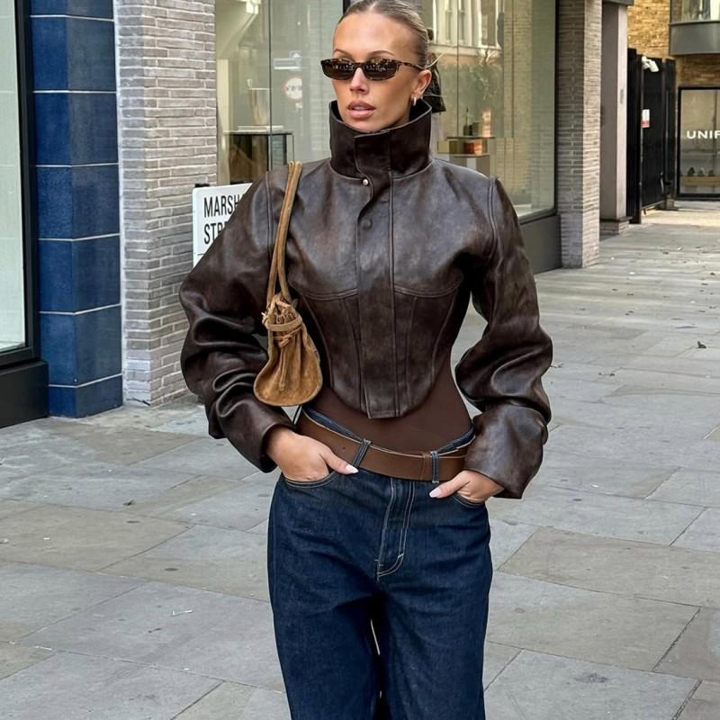 Womens Slim Fit High Neck Zipper Short PU Leather Jacket Streetwear Biker Style