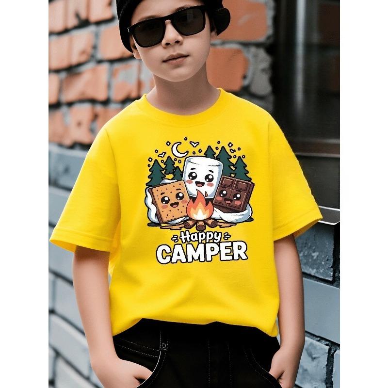European sizes Boys' T-Shirt Happy Camper Marshmallow S' Mores Fire, Ideal for Outdoor Activities, Soft Knitted Top, Comfortable And Breathable