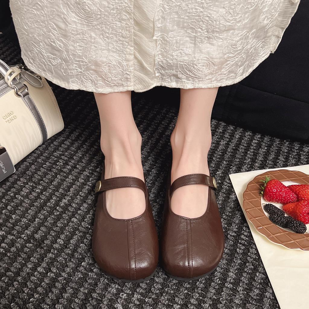 Leather Flat-bottomed Bag Head and Half Slippers for Women's 2025 Spring and Summer New Models, Wearing Cool Slippers with One Foot, Mary Jane Women