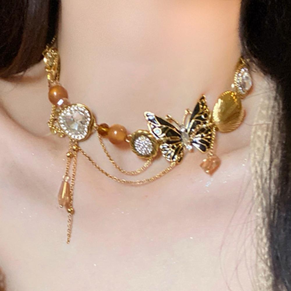 Exaggerated Tassel Crystal Necklace Adjustable Women's Choker Rhinestone Butterfly Necklace  Party