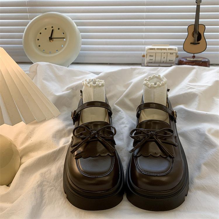 Fashion Retro Thick Soled Women's Shoes 2025 Spring and Autumn New Uniform Bow Leather Pumps Loafers Shoes Cute Student Single Shoes