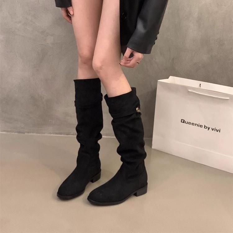 French Thick Heel Apricot Suede Piled Boots Women's 2025 New Autumn Versatile Thin Long Boots Do Not Drop the Tube