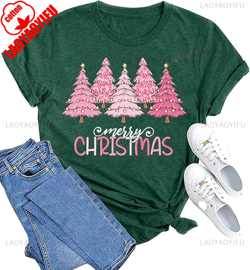 New Year Xmas Gift Merry Christmas Cotton Shirts for Women Merry and Bright Tree Graphic Holiday Printed TShirt Tops Unisex Tee