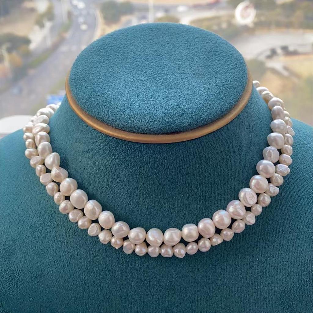HENGSHENG Baroque Freshwater 5-6mm 8-9mm White Pearl Double Necklace 925 Silver Trendy Jewelry Gift for Women Girls