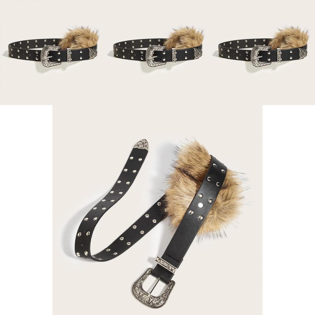 Pu Leather Wide Belt Artificial Fur Design And Carved Needle Buckle For Fashion Lovers