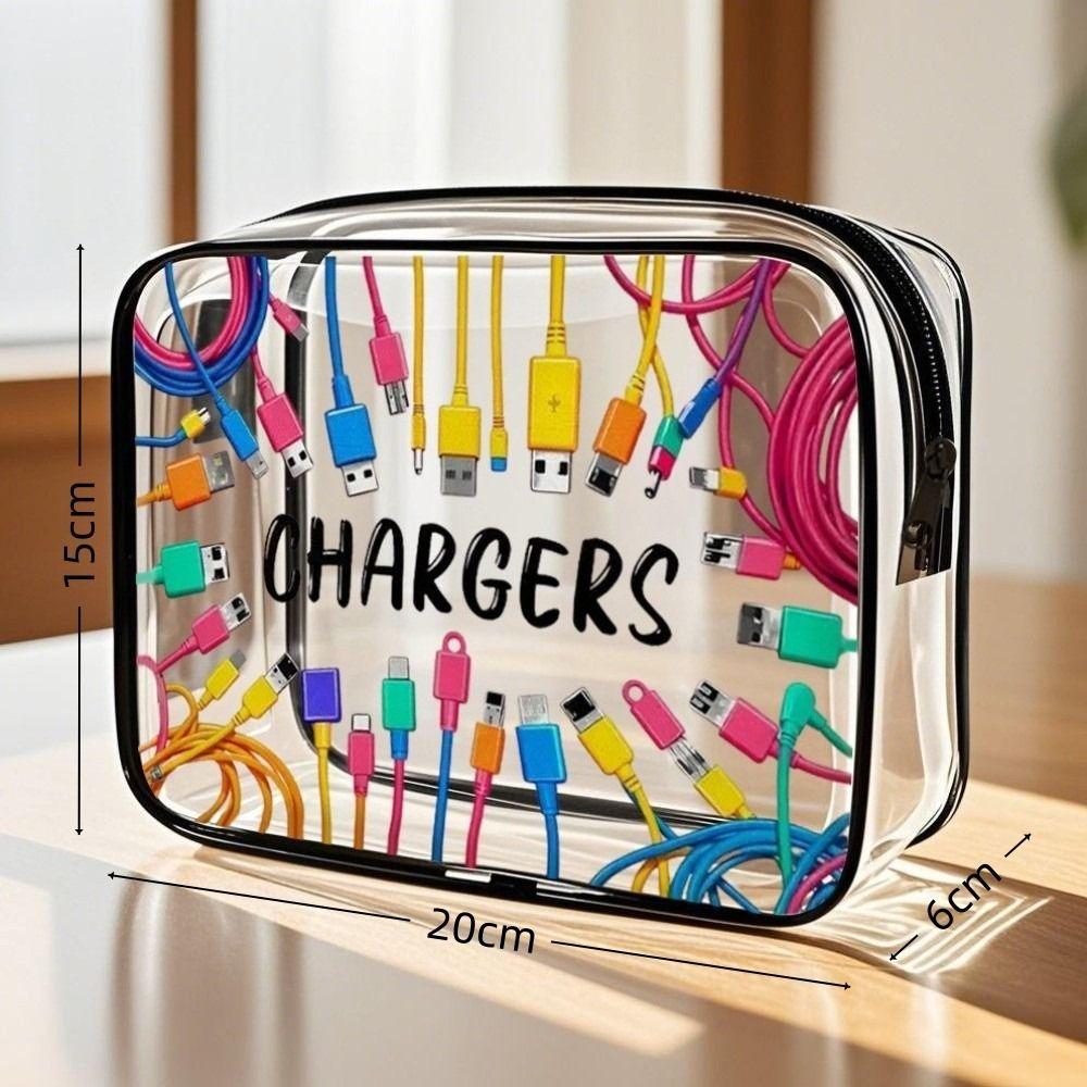 Portable Transparent Toiletry Handbag Waterproof Single-Sided Print USB Storage Bag PVC Zipper Essentials Organizer Travel Use