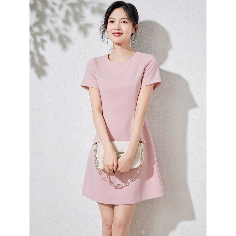 

Розовое Летнее Элегантное Платье с Круглым Вырезом и Минималистичным Коротким Рукавом Pink S