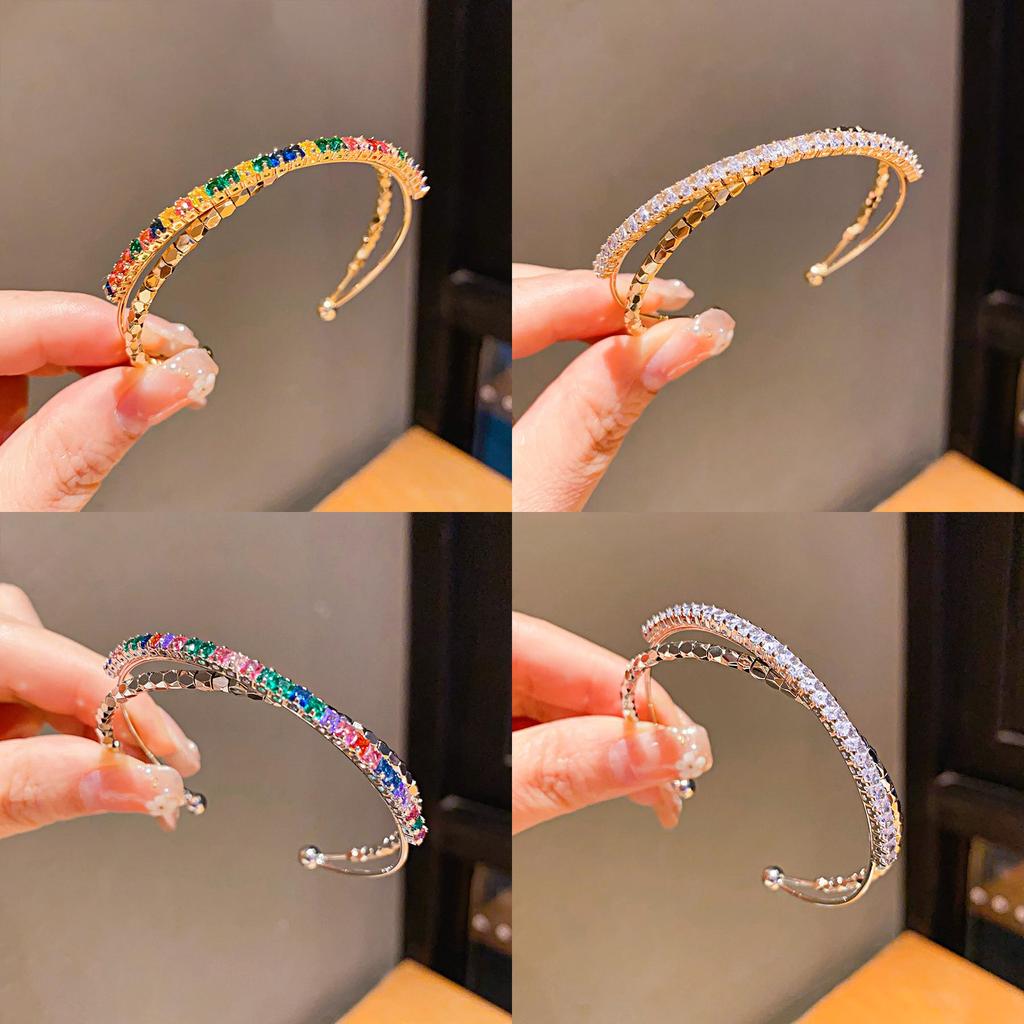 Geometric Zircon Metal Open Cuff Bracelet With Sparkling Stones For Women Fashion Jewelry
