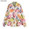 CHIC Spring Summer Lapel Collar Colored Floral Print Satin Shirt Women Single-Breasted Buttons Long Sleeve Loose Blouses Tops