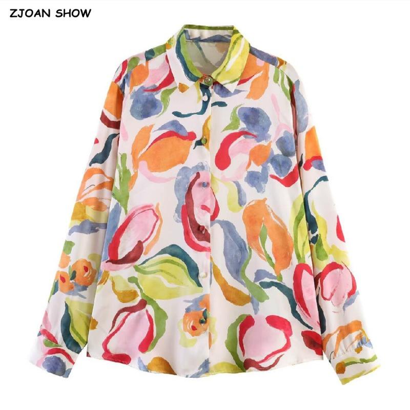 CHIC Spring Summer Lapel Collar Colored Floral Print Satin Shirt Women Single-Breasted Buttons Long Sleeve Loose Blouses Tops