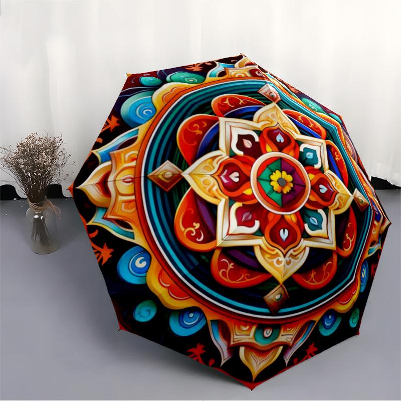 1pc Mandala Artwork Auto-Fold Umbrella with One-Touch Open/Close - 8 Reinforced Ribs for Windproof Stability,  Yy251118132