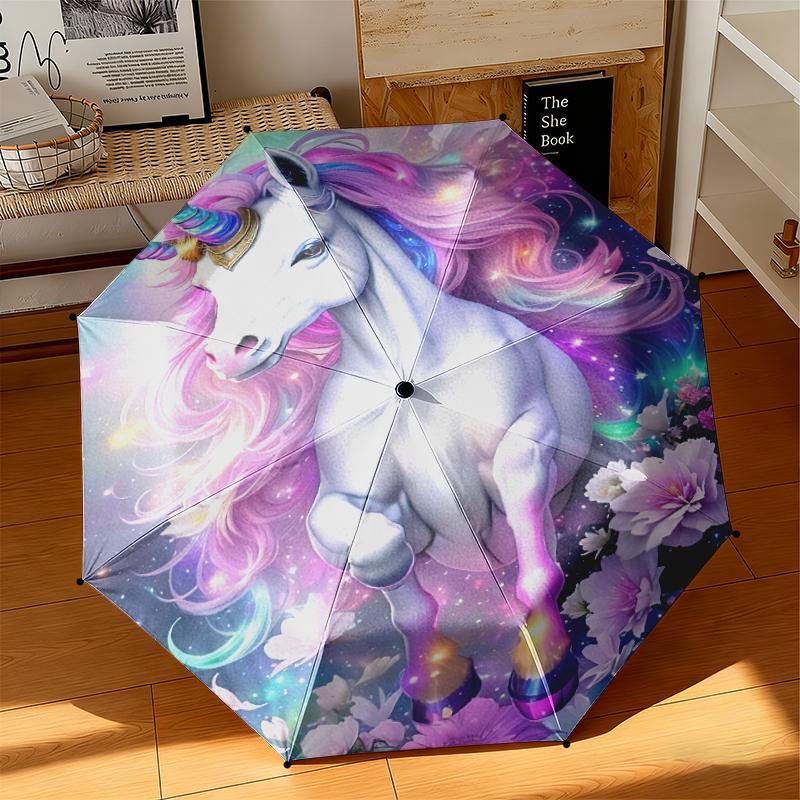 1pc Dreamy Rainbow Unicorn Umbrella Portable Folding Umbrella Iron Frame Hole Bone Structure Outdoor Home Umbrella