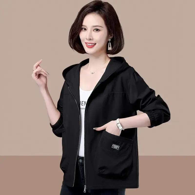 Женская осенняя ветровка с капюшоном Женская корейская повседневная ветровка средней длины на молнии Женская повседневная верхняя одежда Свободная куртка XXXL чёрный