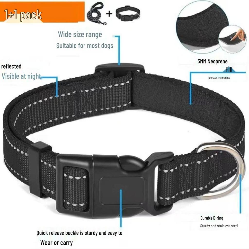 Ensemble Collier et Laisse pour Chien en Nylon Réfléchissant Réglable et Respirant - Taille Moyenne