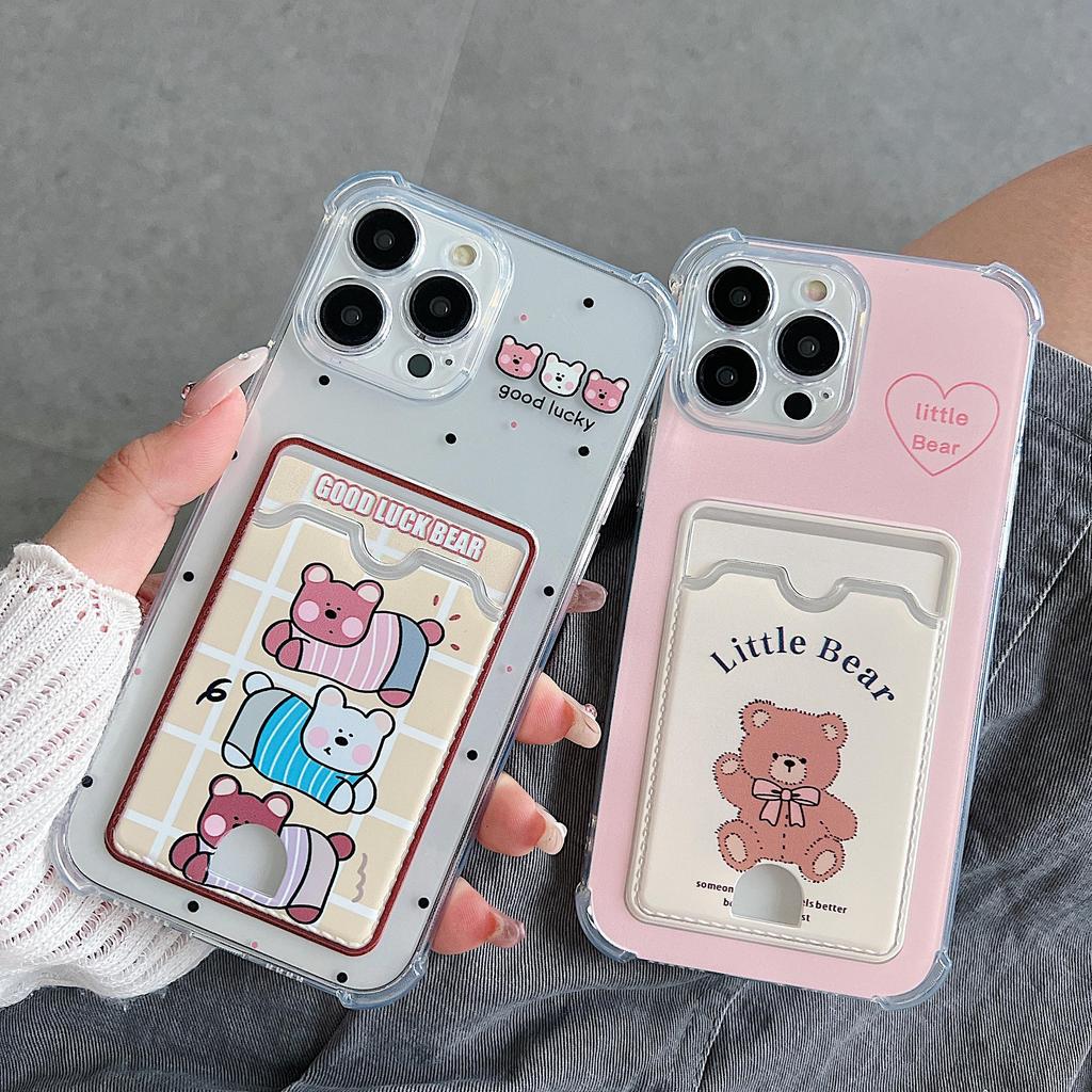 Card Slot Holder Silicone Wallet Pocket Case For Xiaomi Redmi Note 13 Pro Samsung A25 A35 Realme 10 Transparent Cover Shockproof Clear Full Protection