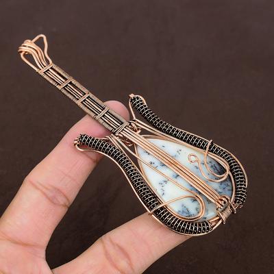 Doğal Dendrit Opal Taşı El Yapımı Bakır Tel Sarma Gitar Kolye 4.53" l6Z35