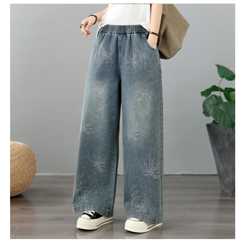 DIMANAF 2026 Summer New Plus Size Women Jeans Elastic Waist Long Pants Beading Loose Casual Denim Cotton Trousers Fashion Lady