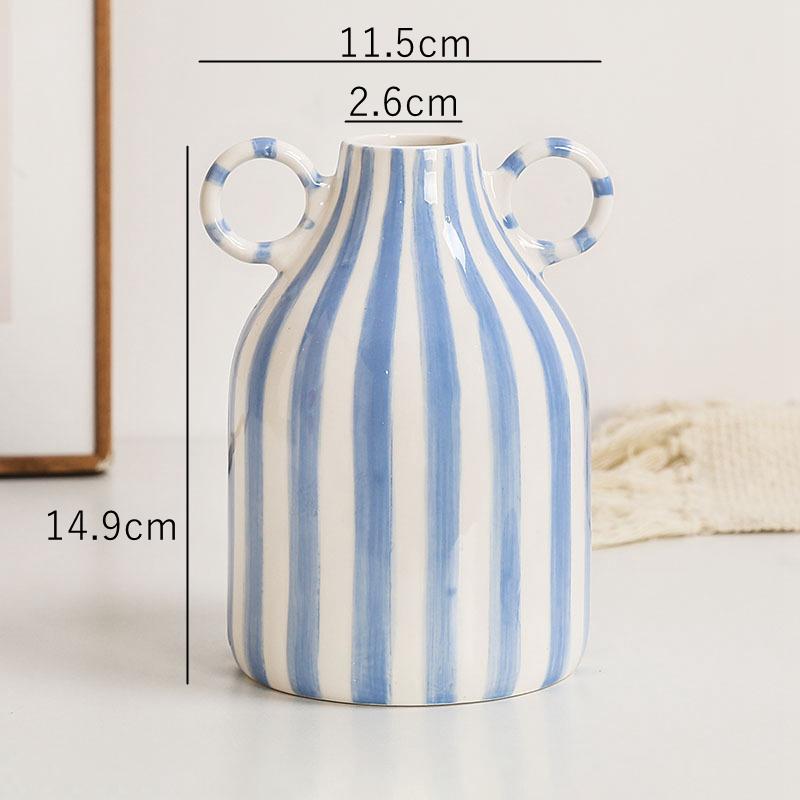 Vaso de flores de cerâmica pintado à mão, enfeite de mesa, decoração para casa, vaso de rosto de desenho animado com alça dupla