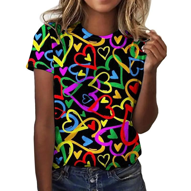 2026 New Summer Round Neck Women's T-shirt Fashion 3D Printed Love Color Printed Short Sleeve T-shirt Cartoon Casual Top