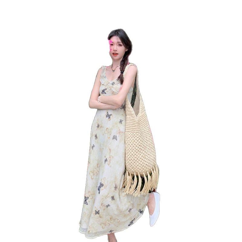 French lotus leaf edge gentle summer dress new printed butterfly floral sleeveless slim and thin suspender dress