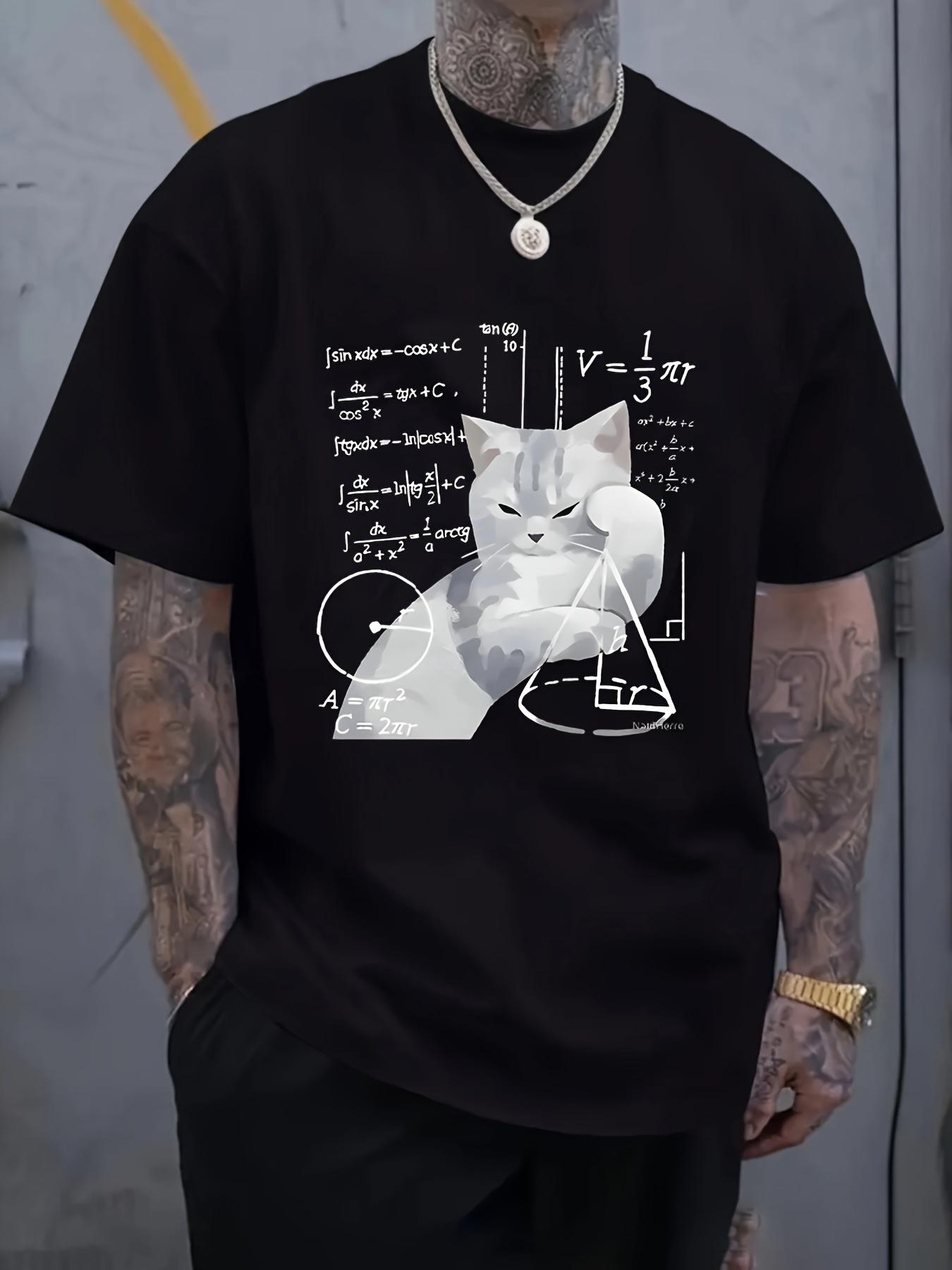 T-shirt - Black Round Neck Tee with Playful Cat & Math Equations Graphic XXXL