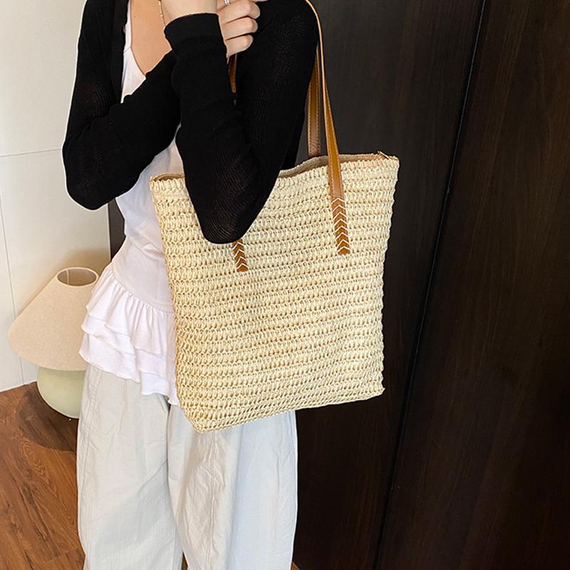 Women Top-Handle Bags Straw Summer Beach Straw Bucket Bag Woven Tote Purse Casual Travel Handbags for Women
