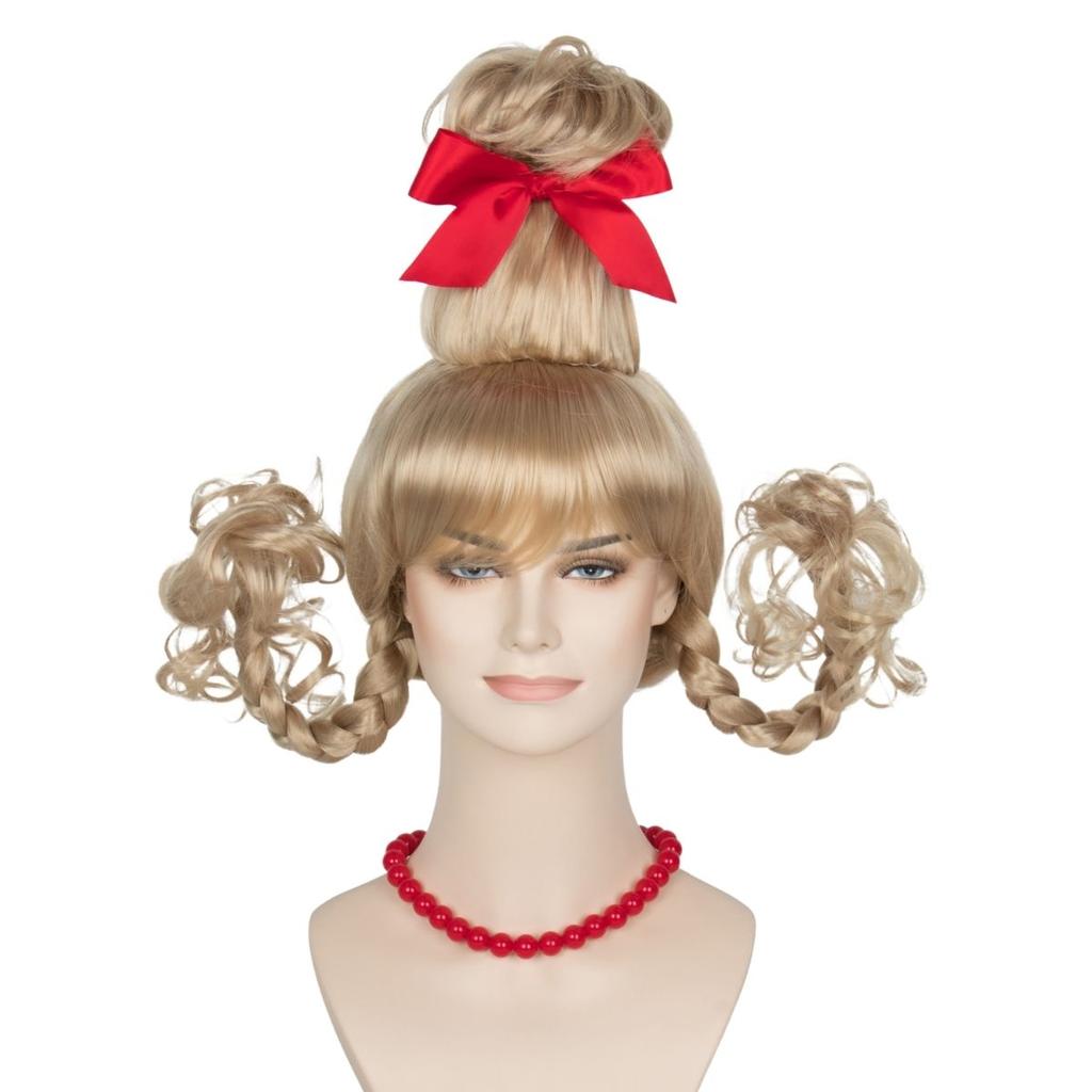 Anime Cosplay High-Top Blonde Wig with Bow Braid Christmas Synthetic Hair for Women Party Costume Accessory