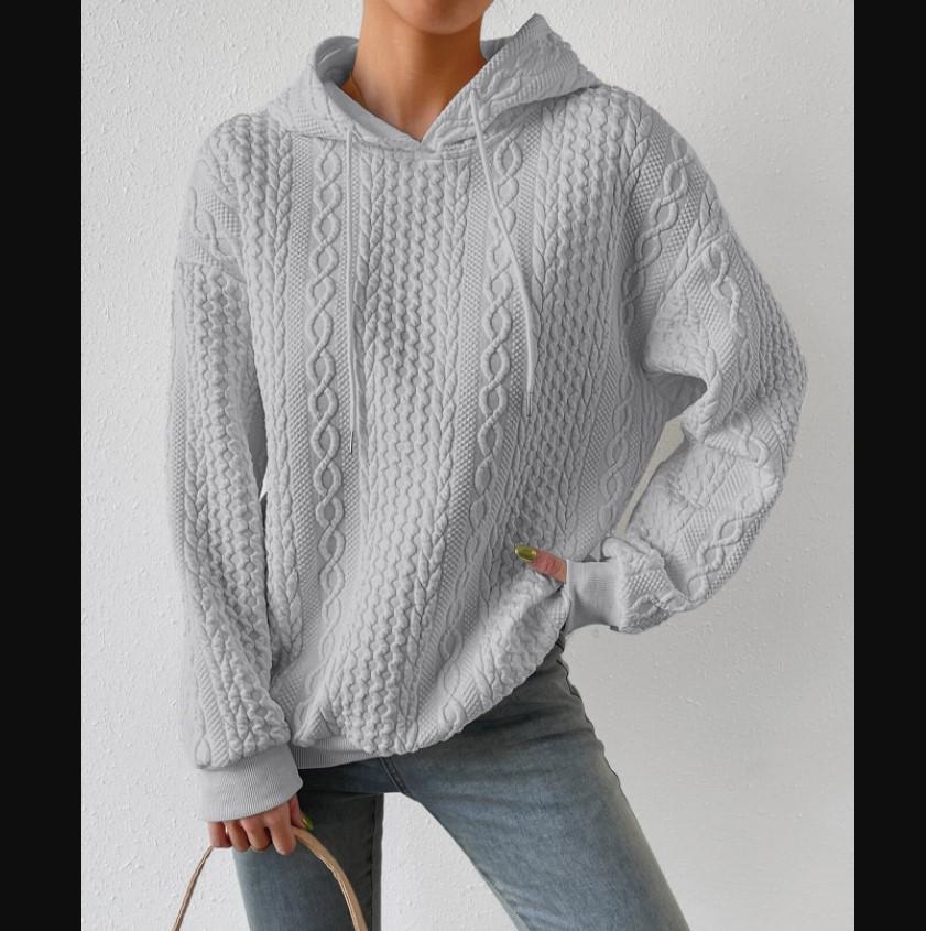 European & American Autumn Plus Size Women's Jacquard Long Sleeve Tie-Up Hooded Knit Sweatshirt, 2023