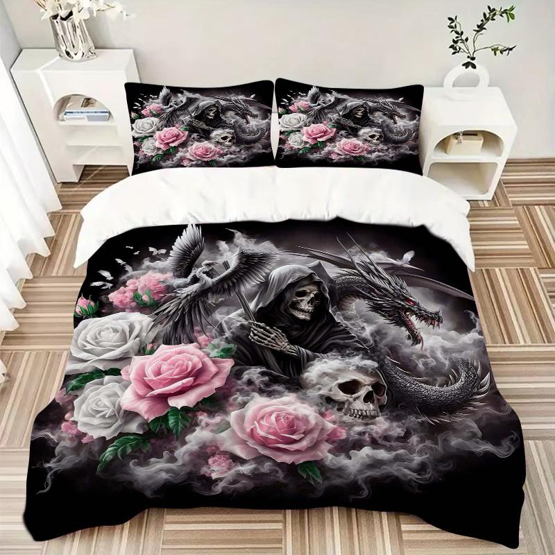 3pcs Death Roses Quilt Cover Set (1 Quilt Cover + 2 Pillowcases Without Pillow Core), High-Definition Printing for Home and Dormitory.W031