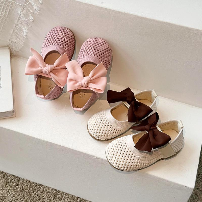 Girls' Sandals Summer New Knitted Mesh Breathable Princess Shoes Butterfly Bow Baotou Hollow Soft Bottom Single Shoe
