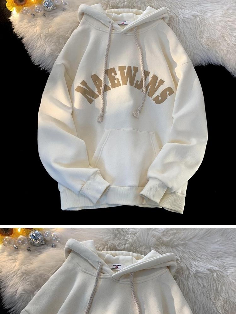 French Couple Sweatshirt for Male Students Autumn and Winter Thick Velvet American Style Heavy New Trendy Hooded Jacket