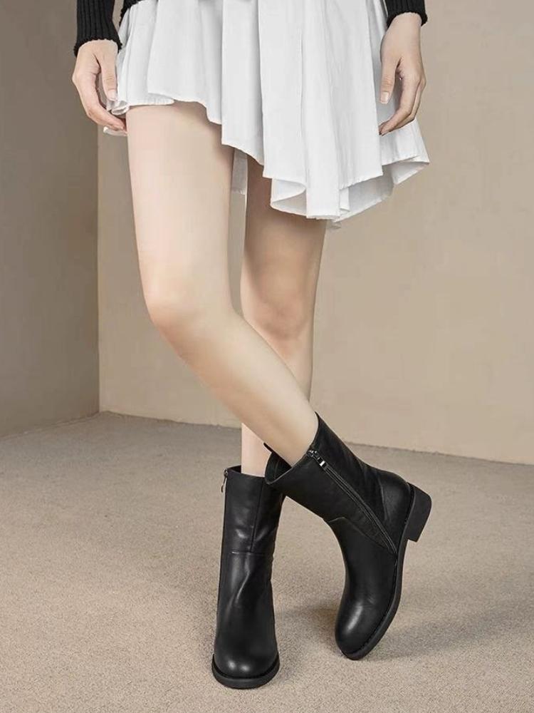 Black Leather Fleece-Lined Autumn Winter Round Toe Ladies Mid Calf Shoes Chic and Elegant Pu Middle Heel Women's Half High Boots
