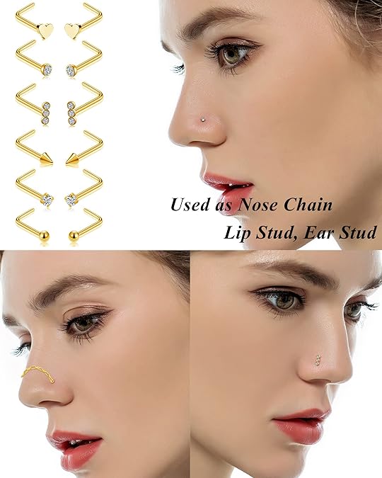 Nose Chain Piercing Across Double Nose Stud Chain CZ Heart Ball L Shaped Nose Chain Nostril Piercing Jewelry 20G Gold Tone