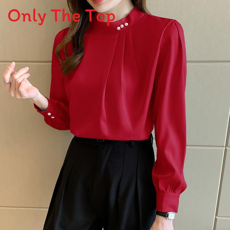 Satin Shirt Women Long Sleeve Pearl Embellished Elegant Office Wear For Spring 2026