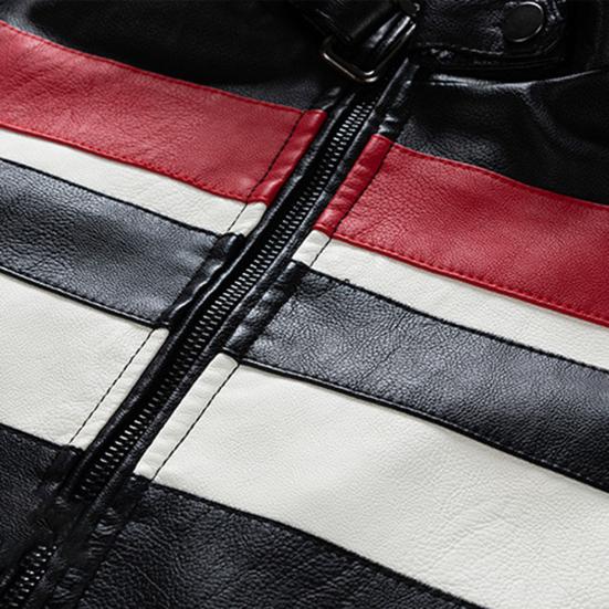 Men Jacket Color Block Long Sleeve Pockets Stand Collar Faux Leather Zipper Coat for Working