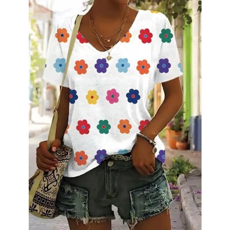 Spring Summer Loose V-neck Short Sleeved T-shirt for Women with Retro Print Shirt