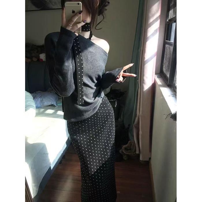 Two-Piece Autumn Sweet Spicy Off-Shoulder Knit Sweater Women s Set Medium изображения
